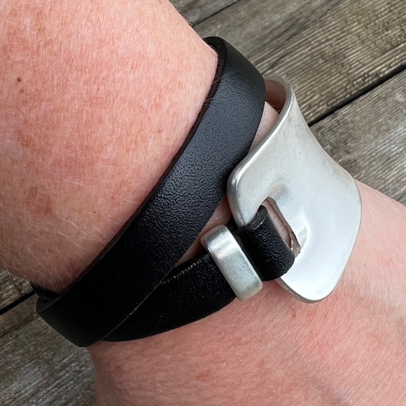 New Leather + Silver Metal Modern Wrap Bracelet Black Satin Distressed Finish - Picture 10 of 10